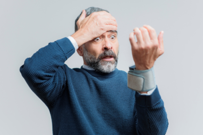 A man who is measuring his blood pressure and is shocked to see a reading of 130/80